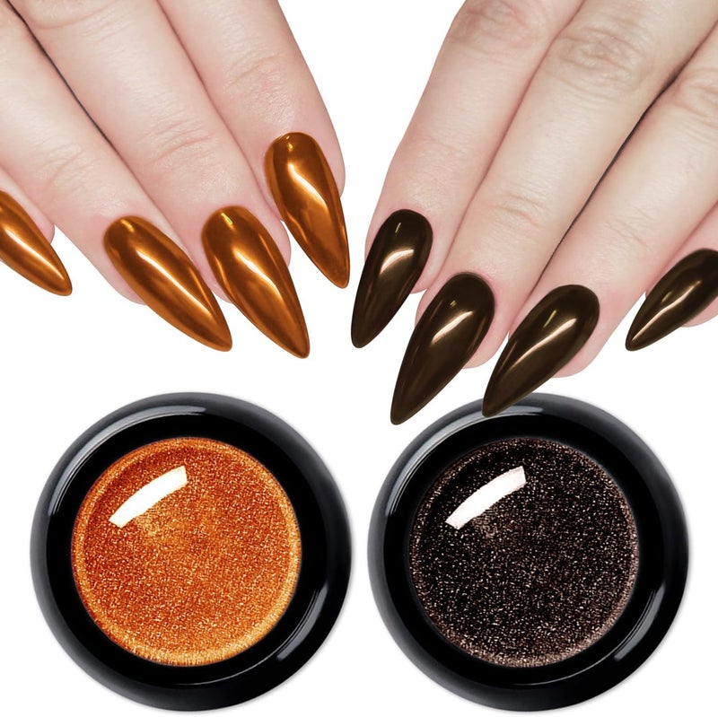 Fokostar 2Pcs Brown Copper Chrome Nail Powder Kit for Nails Shimmer Metallic Mirror Effect Orange Gold Glitter Pigment Dust Fall Dark Brown Copper Chrome Powder for Gel Nails Polish Design with Tools - Image 1